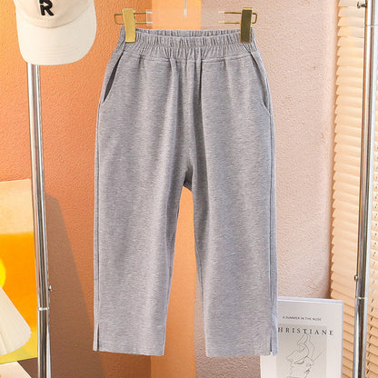 Summer girls' elastic cropped pants thin loose fat cotton elastic middle and large children's outer wear wide-leg pants sports shorts