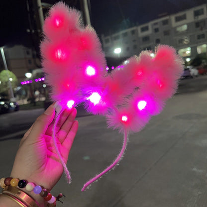 New 14-light feather rabbit ear headband furry rabbit headband flash headdress fairy luminous hairpin stall toy