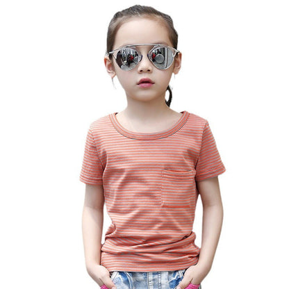 Girls short-sleeved T-shirt 2024 new summer clothes for children, middle and large children, fashionable T-shirt pullover knitted cotton sweater tops