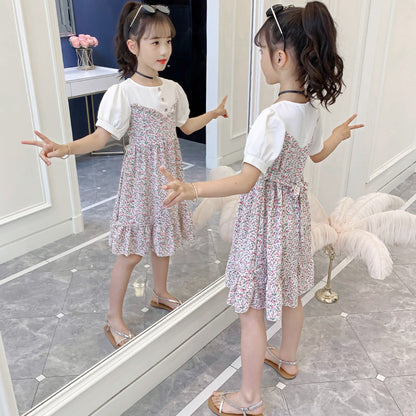 Girls dress 2024 summer new style medium and large children's floral dress pastoral style fake two-piece short-sleeved dress