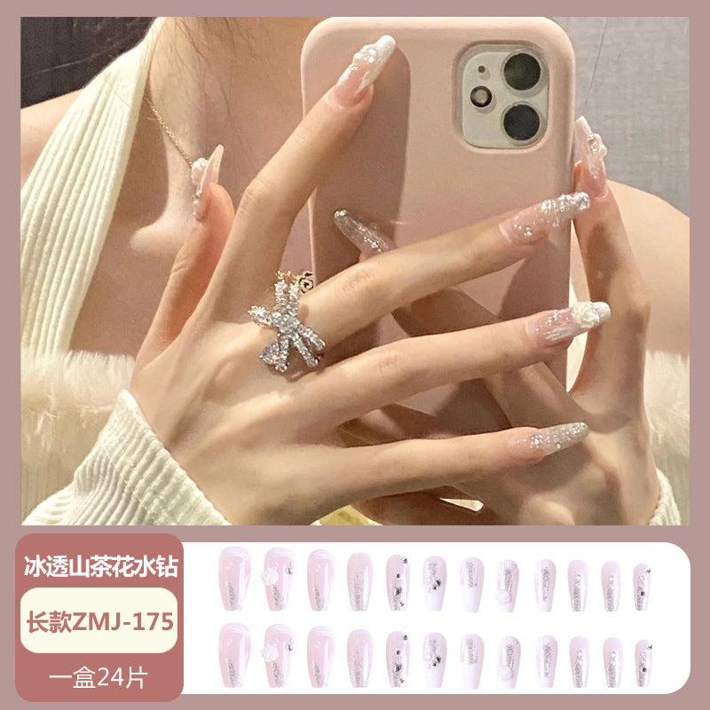 Wearable nail tips wholesale medium and long ice transparent oolong gradient peach nail art finished nail stickers false nails