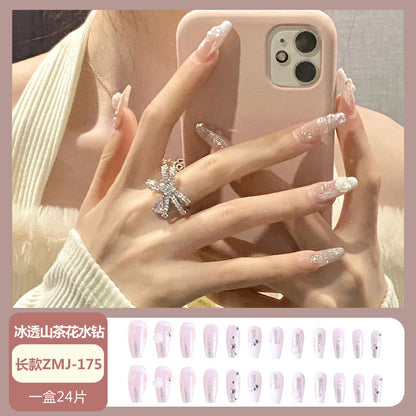 Wearable nail tips wholesale medium and long ice transparent oolong gradient peach nail art finished nail stickers false nails