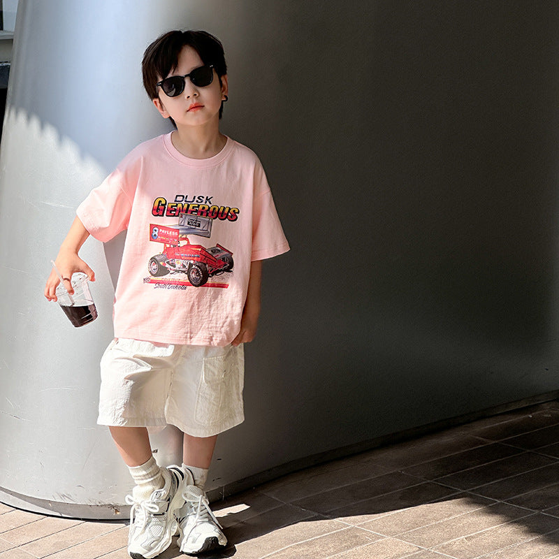 Amo Beibei children's 2024 summer cartoon car short-sleeved T-shirt baby stylish BOBO cotton comfortable top trend