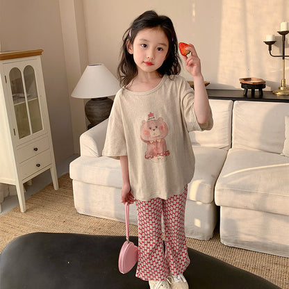 2024 Spring New Korean Version Small and Medium Children Baby Bow Printed Trousers Girls Fashion Elastic Flared Pants