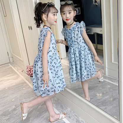 Girls summer chiffon dress 2024 new Korean version children's summer vest dress Western style big children's floral dress