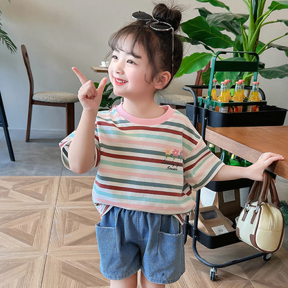 Children's summer striped tops short-sleeved cotton T-shirts elastic printed flowers kindergarten elementary school elastic loose middle and large children