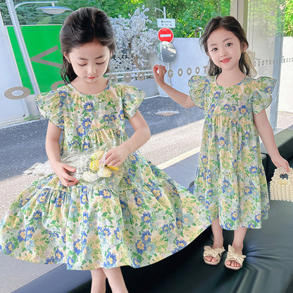 Girls summer cotton dress floral elementary school students kindergarten middle and large children pure cotton skirt ruffled vest skirt