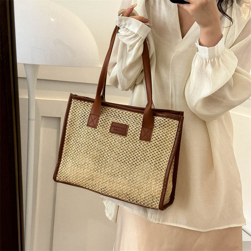 Western-style straw woven large-capacity bag for women 2024 new beach woven bag for women one-shoulder commuting tote bag large bag 