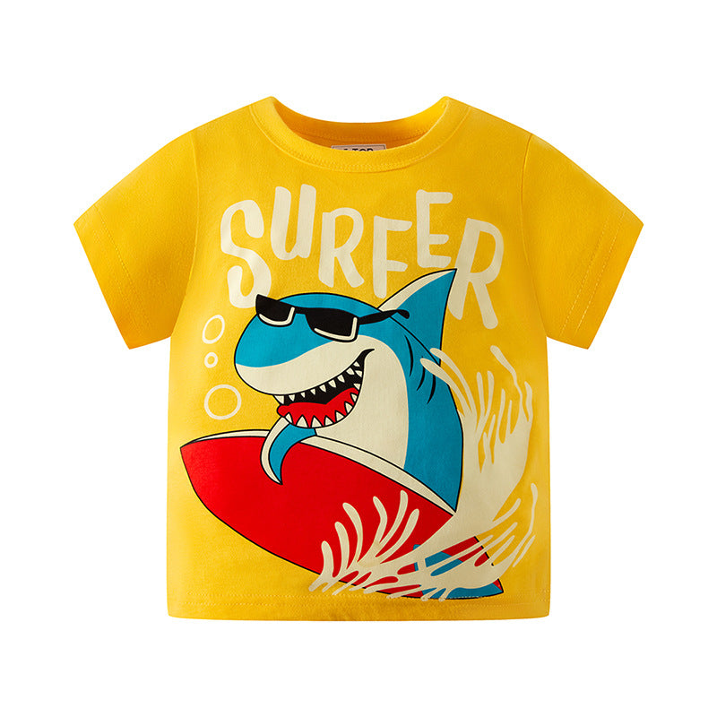 New children's short-sleeved cartoon shark pattern tops boys T-shirts pure cotton summer clothes half-sleeves one piece delivery