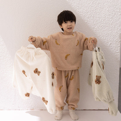 [Clearance Sale] Winter children's thickened velvet warm pajamas baby cloud velvet cartoon home clothes set