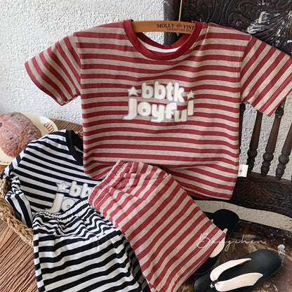 Children's suit Bangcheng 2024 summer children's clothing letter print striped short sleeve + shorts boys two-piece suit G0211