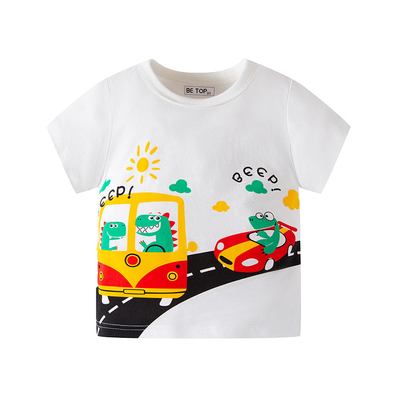 2024 New Boys Summer Children's Short-sleeved T-shirt Car Cartoon Boys T-shirt Half-sleeved Cotton Baby Top