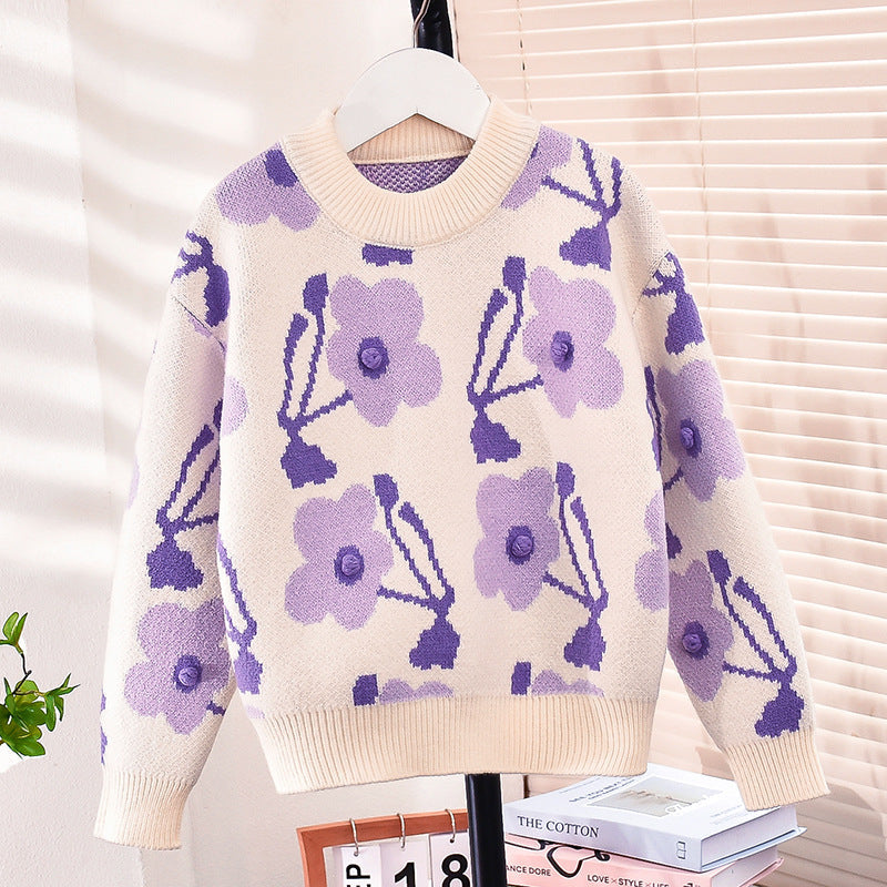 2024 Girls Winter Thickened Sweater Korean Style Flower Elastic Warm Sweater Base Sweater Outer Wear Sweater Middle Children