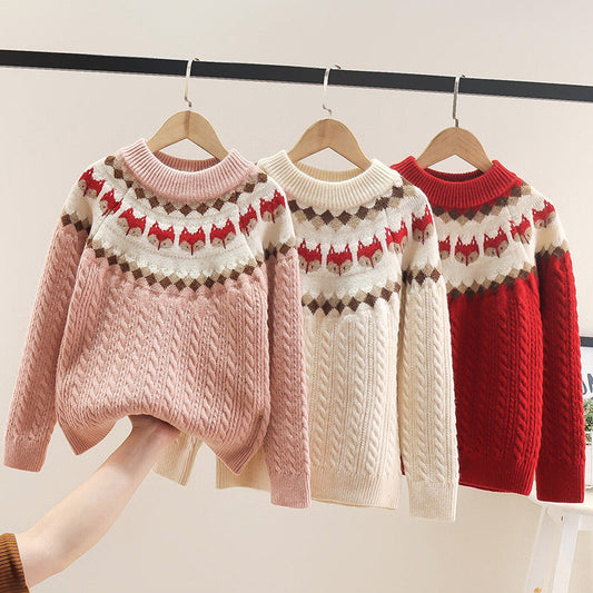 New Girls Cable Knit Sweater Retro Chunky Wool Sweater Cartoon Little Fox Head Elastic Thick Sweater