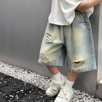 Boys summer ripped denim shorts 2024 new children's clothing shorts boys summer handsome loose pants