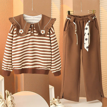 2024 Girls Autumn Suit Striped Sports Korean Two-piece Set Elastic Flower Middle and Large Children Student Kindergarten Western