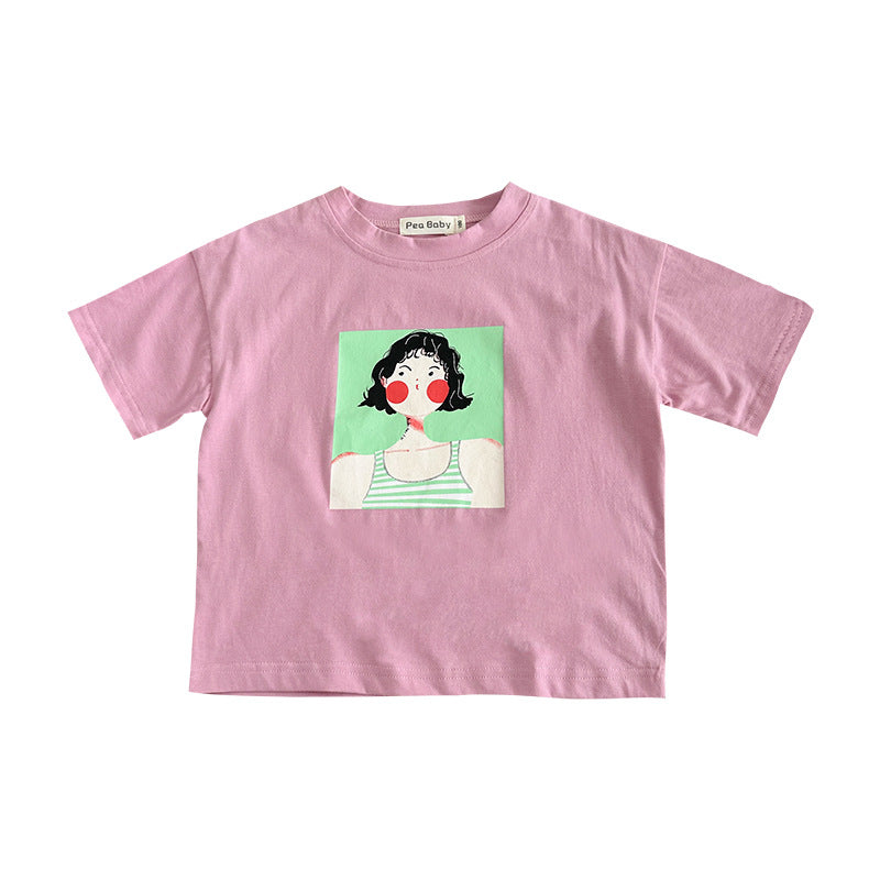 2024 new summer girls pure cotton cartoon short-sleeved T-shirts for small and medium-sized children and babies Korean style half-sleeved tops