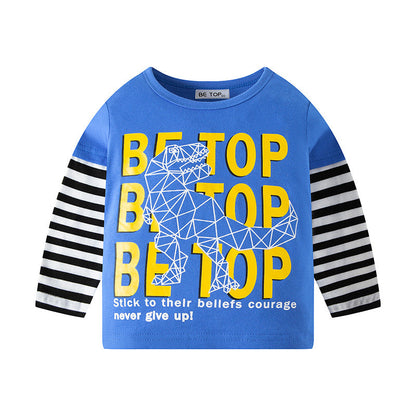 New autumn letter dinosaur color matching pure cotton round neck children's long-sleeved T-shirt boy bottoming shirt one piece on behalf of the tide