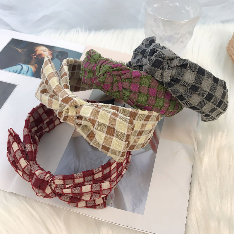 Big Bow Headband for Women Korean Cute Retro Temperament Christmas Hair Clip Checkered Fabric Headband Hair Cave