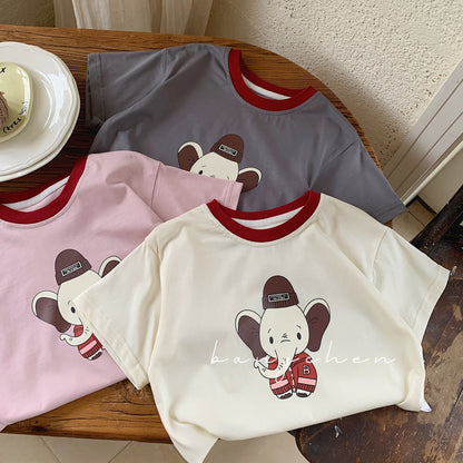 Children's T-shirt Bangcheng 2024 summer boys' contrasting color collar short-sleeved new children's clothing cartoon elephant short T-shirt trendy G0098