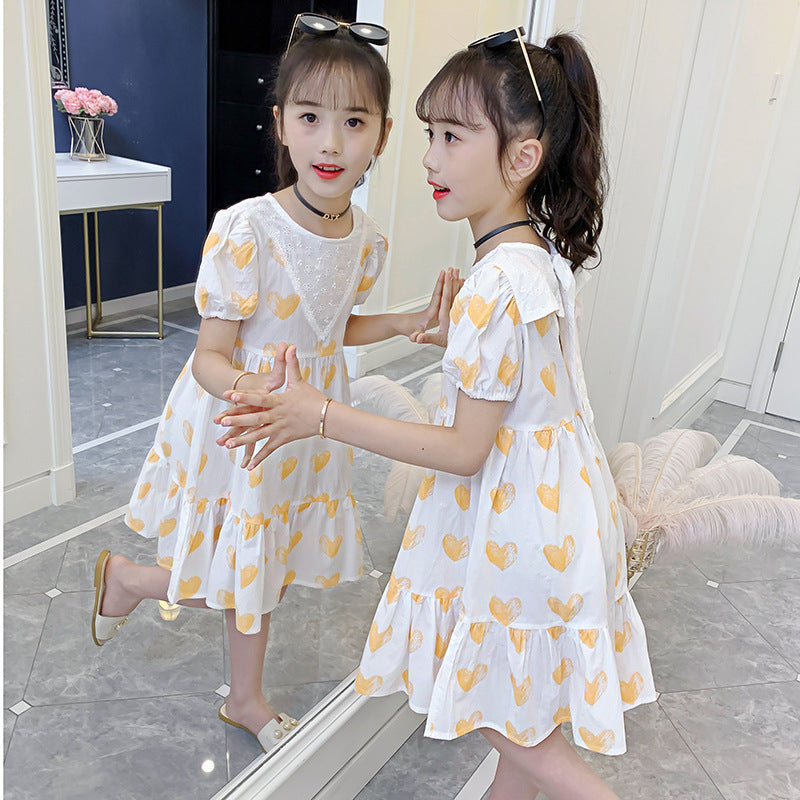 Girls dress 2024 summer new style medium and large children's short-sleeved floral dress pure cotton dress long dress sweet baby dress 