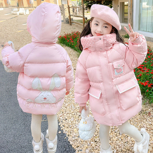 2024 new cotton-padded jacket for girls, bunny, lengthened and thickened, Korean style, cartoon, middle and large children's kindergarten