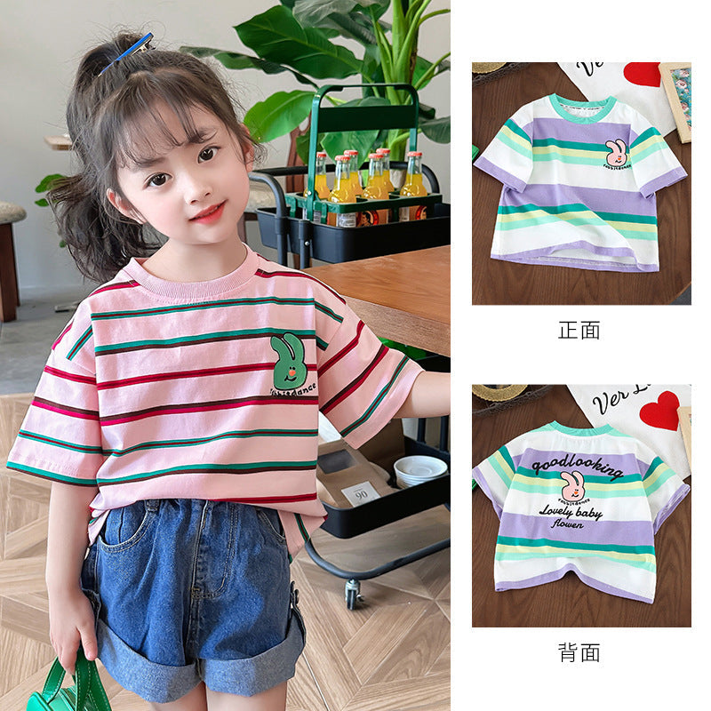 Children's summer short-sleeved tops cotton T-shirt striped shirt elastic loose small children kindergarten primary school fat sweat tide