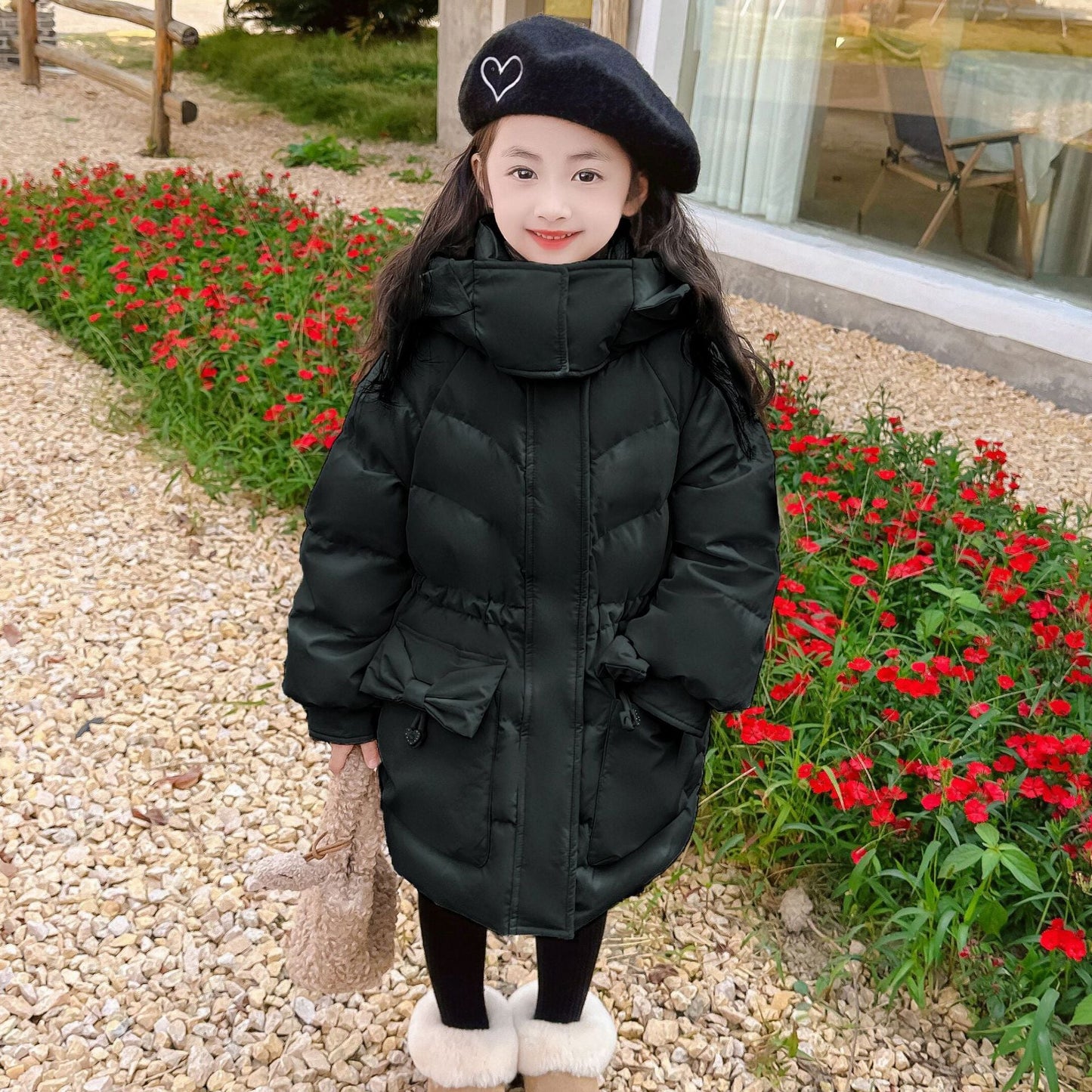 Girls new cotton coat with bow tie Korean style waist thick warm and long cotton coat for middle and large children three-proof wash-free fabric