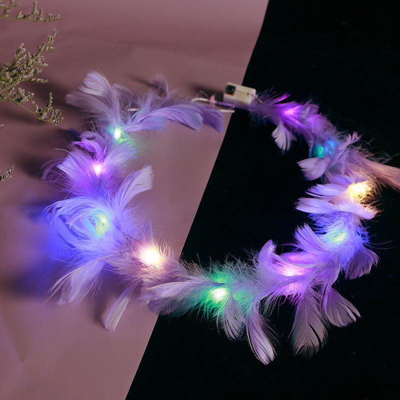 2021 new fairy luminous feather wreath angel goose feather wreath scenic area stall women's flash headdress batch