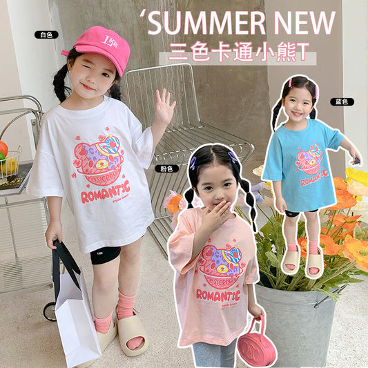 2023 summer new children's clothing girls cartoon bear short-sleeved T-shirt Korean version children's small and medium children's fashionable tops trend