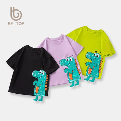 Children's cartoon three-dimensional dinosaur short-sleeved T-shirt pure cotton summer new boys half-sleeved top round neck vibrato supply