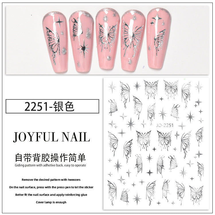 New hollow butterfly hot gold and silver nail stickers star-shaped small fragrance style laser three-dimensional relief cross-border nail stickers