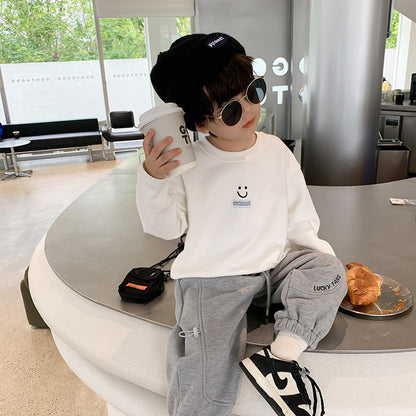 Amo Beibei children's 2023 winter thickened velvet warm T-shirt for boys and girls baby warm velvet smiley face bottoming shirt