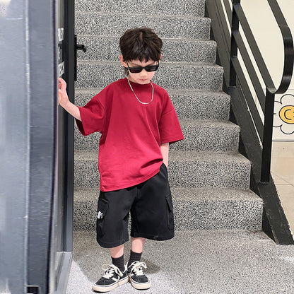 Children's clothing boys short-sleeved T-shirt 2024 summer new Korean version children's solid color round neck half-sleeved T-shirt summer clothing wholesale