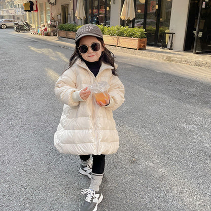 2023 autumn and winter new style girls baby stylish down jacket children's hooded long thickened coat 90 white duck down