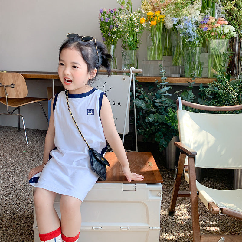 Korean children's clothing 2024 summer girls sleeveless vest dress small and medium children's long color matching sports style skirt