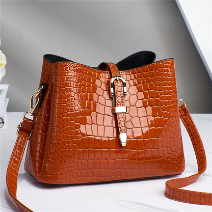 2024 New Style Bright Leather Stone Texture Simple and One-Shoulder Portable Cross-Border Large Capacity Bucket Bag for Women