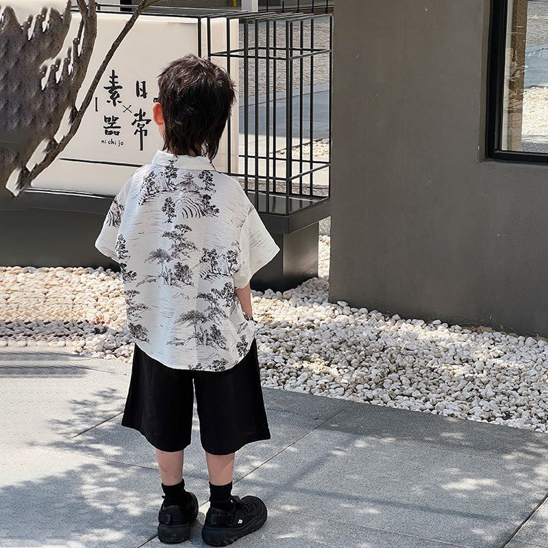 Boys Hanfu suit summer 2024 new children's new Chinese style short-sleeved shirt little boy Chinese style performance costume