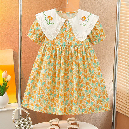 Girls summer floral cotton dress puff sleeves pure cotton pastoral style doll collar small children kindergarten sweet