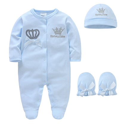 Baby jumpsuit three-piece set pure cotton 2024 autumn new long-sleeved hat gloves climbing clothes cross-border Amazon