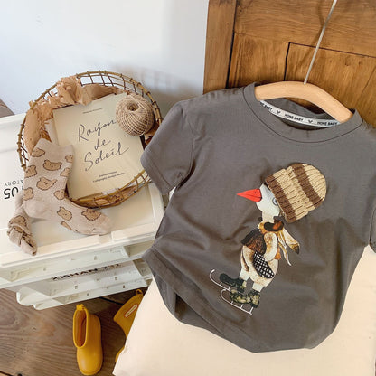 Children's T-shirt 2023 Bangcheng Spring New Boys and Girls Hat Bird Cartoon T-shirt Baby Short Sleeve Top F0028