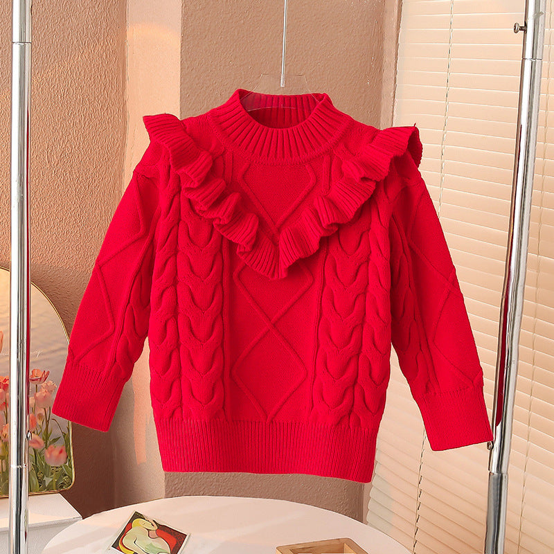 Girls winter long sweater dress red New Year dress sweater Korean version of the New Year dress for girls and children