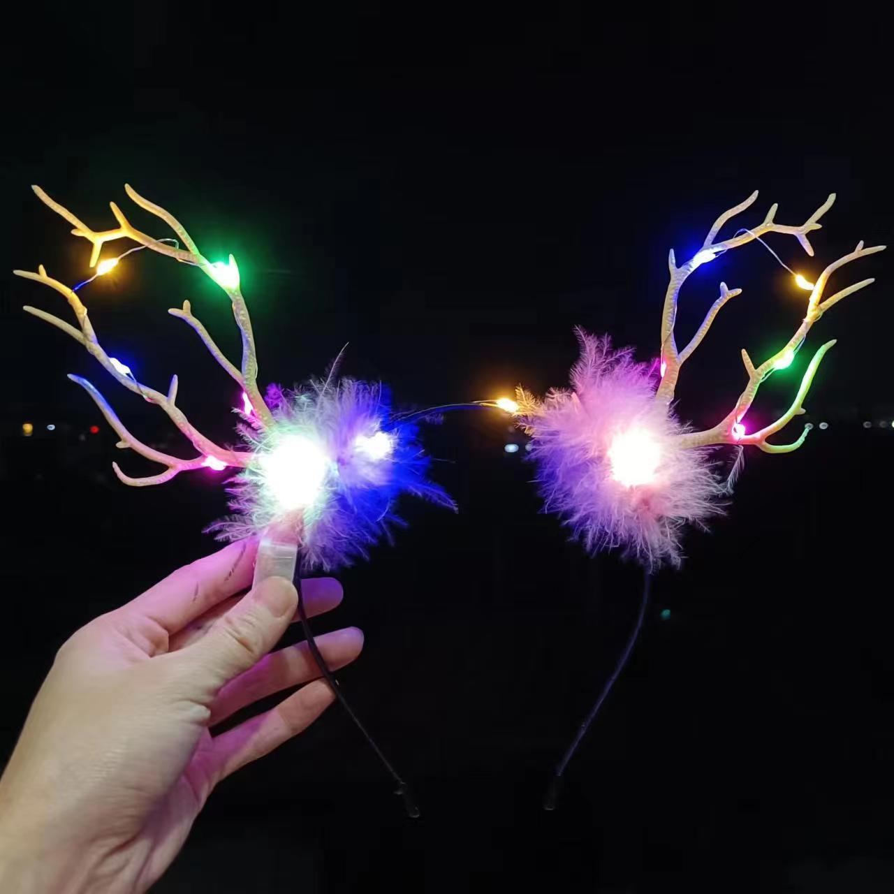 New Feather Big Antler Headband Christmas Luminous Feather Headband Forest Cute Festival Headwear Hairpins Floor-Stall Approval