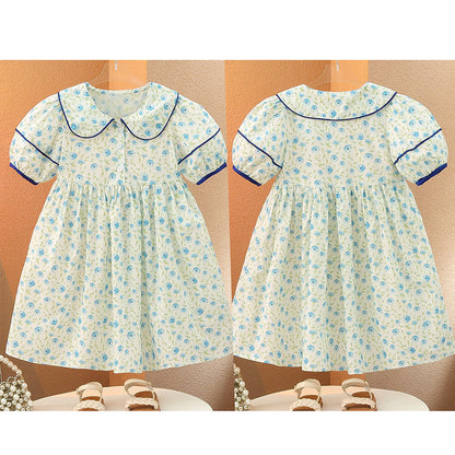 Girls summer cotton dress floral dress cotton princess dress puff sleeve blue middle and large children's pastoral style long dress