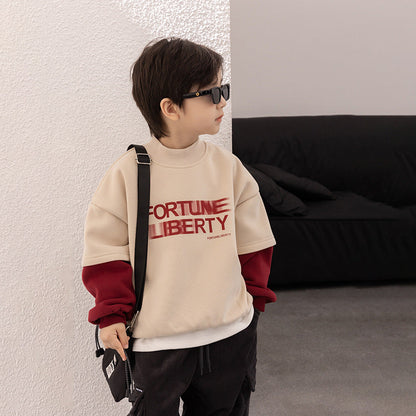 Amo Beibei 2023 Winter Boy Thickened Contrast Color Letter Top Baby Handsome Splicing Sleeve Fake Two-piece Sweatshirt