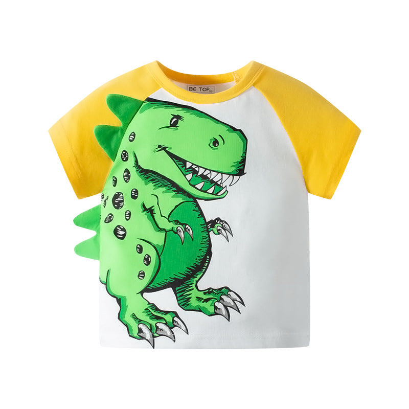 2024 New Children's Cartoon Dinosaur Pattern Sleeve Cotton Boys T-shirt Half Sleeve Sweatshirt Korean Version One Piece Delivery