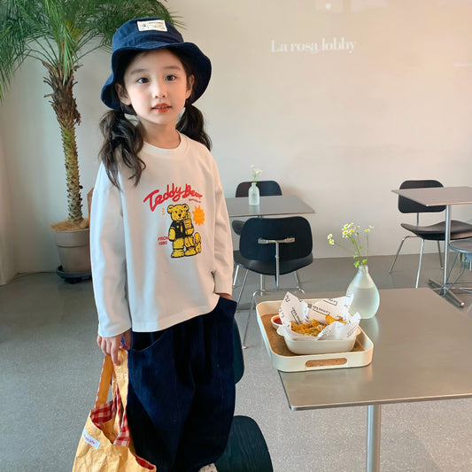 Korean children's clothing 2023 autumn new boys and girls Korean version cute bear long-sleeved T-shirt versatile cotton bottoming shirt