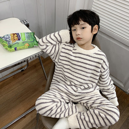 Amo Beibei children's 2024 winter thick warm home clothes boys and girls Korean velvet striped pajamas set trend