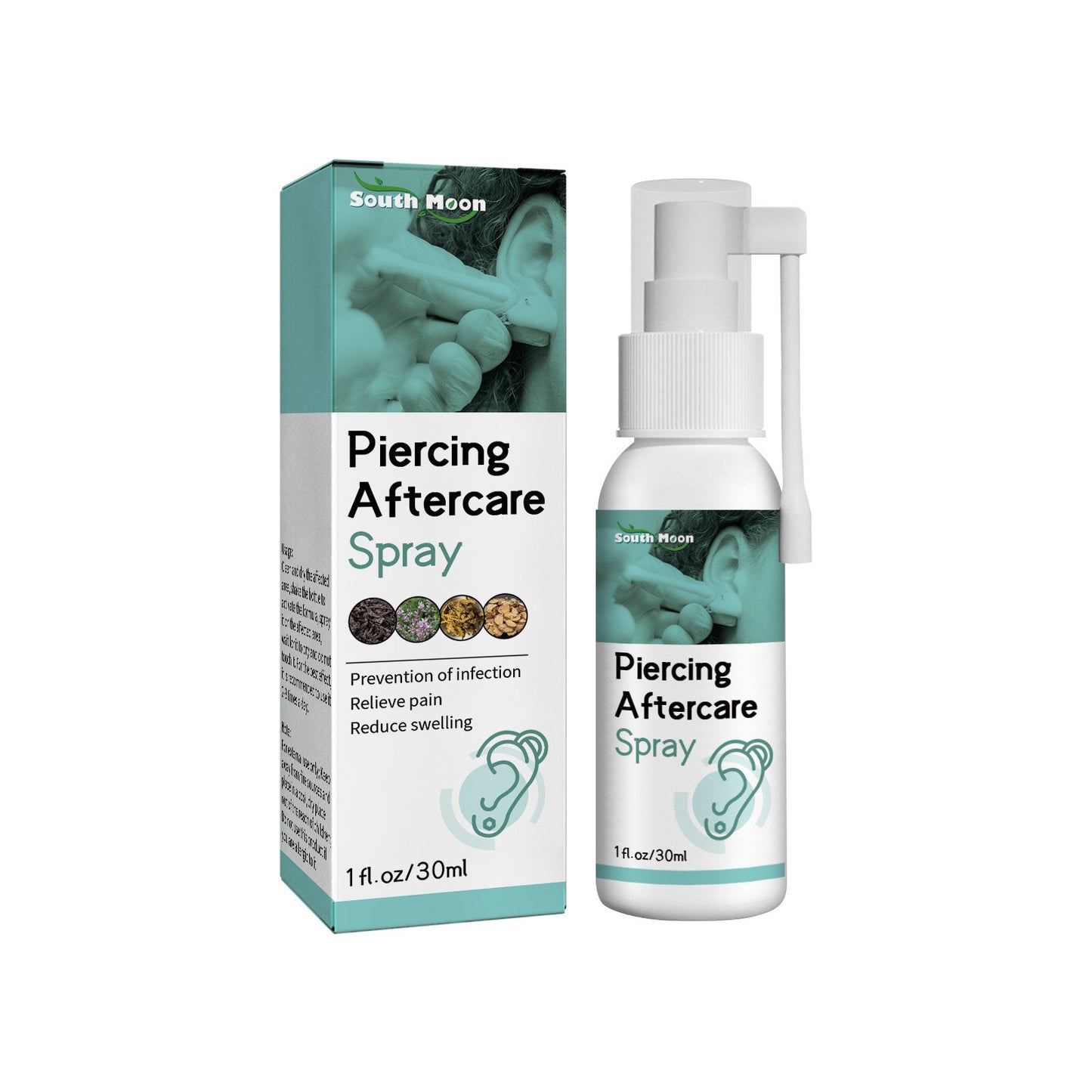 South Moon ear piercing care spray cleans ear piercings, prevents blockage, removes odor, relieves pain, reduces swelling 