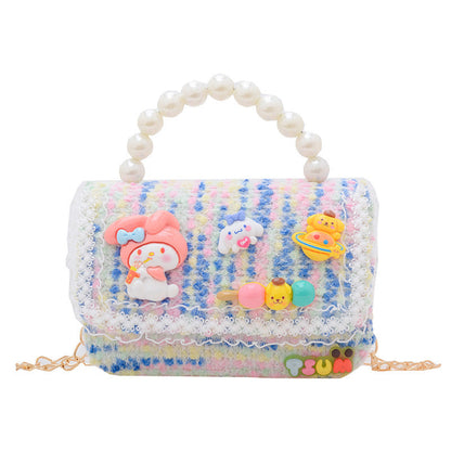 Autumn and winter stylish children's small square bag female fashion girl contrast color chain shoulder bag simple beaded handbag wholesale 